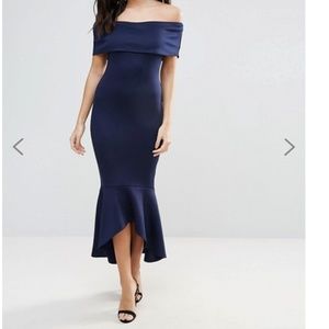 ASOS Navy Off the Shoulder Drop Peplum Dress